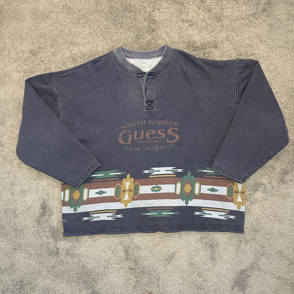 Vintage Guess by Georges Marciano Mens Large Blue New Mexico Henley Geometric